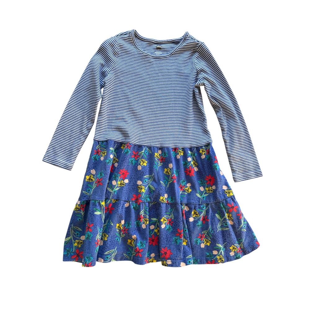Tea Collection Stripe Floral Tiered Dress Girls Size 8 Long Sleeve